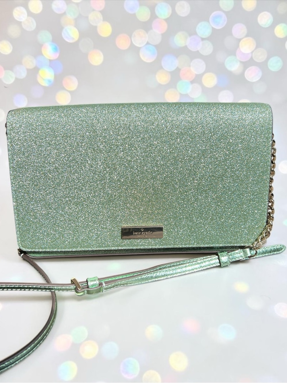NWT Kate Spade Kenzie Glitter Metallic Crossbody and Card Wallet, Seawater